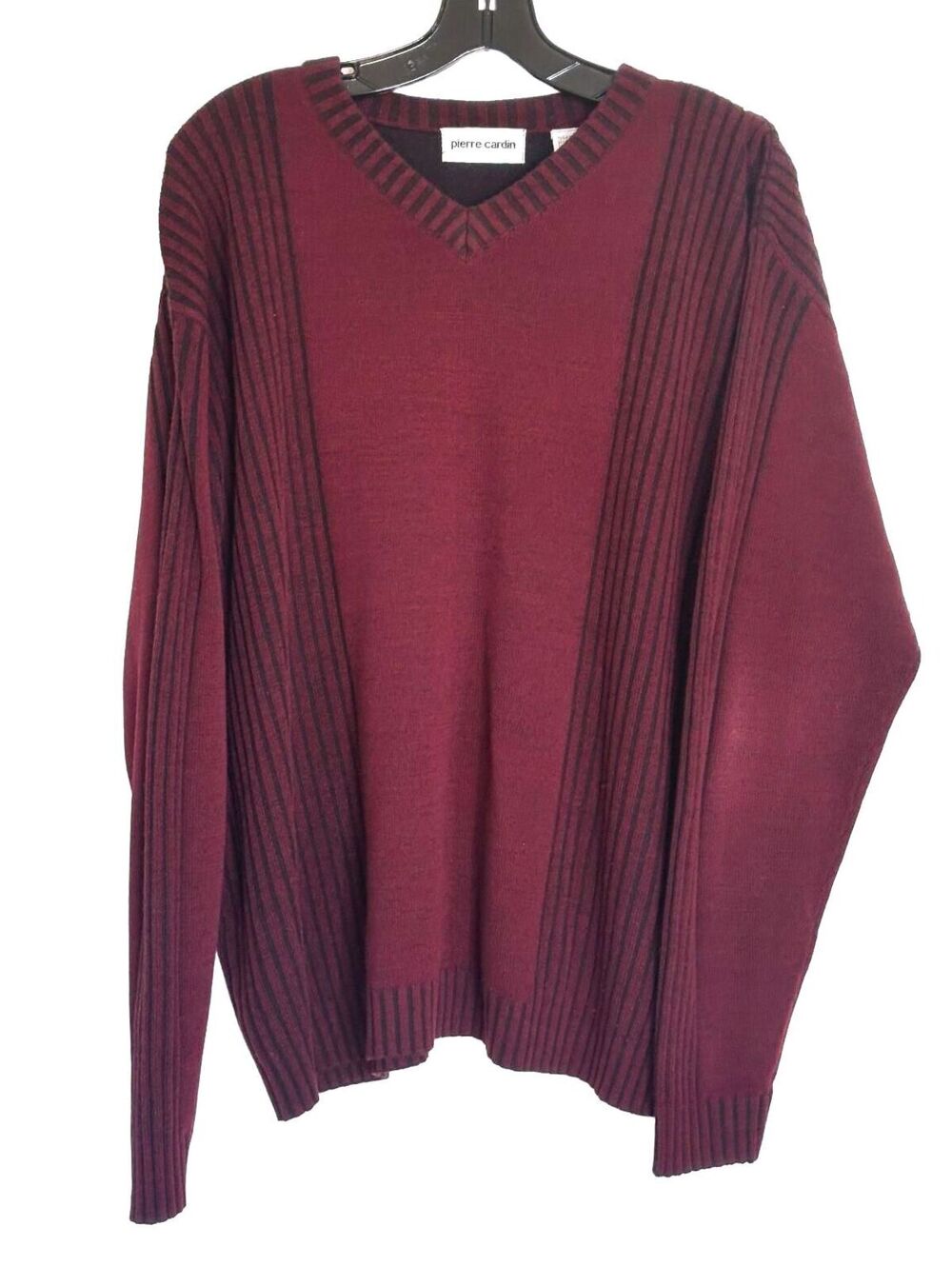 Pierre Cardin Men’s V-Neck Sweater Burgundy Black Striped Wool Blend - L